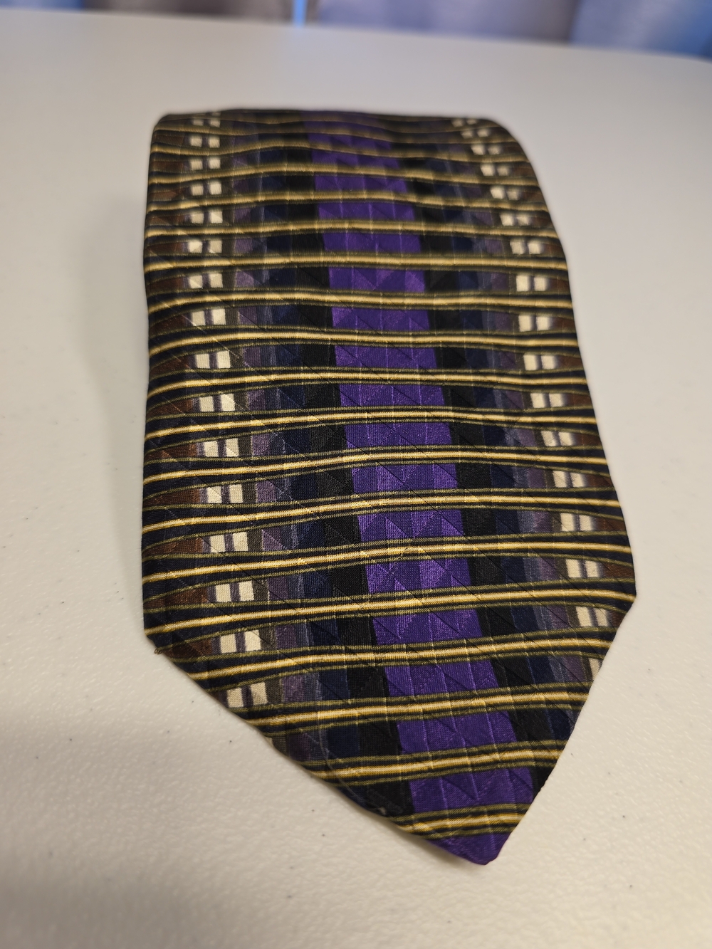 Striped Purple and Black Men's Tie with Gold Accents 100% Silk